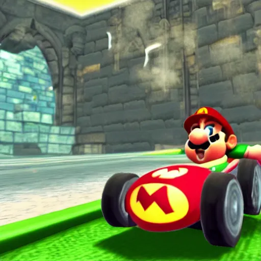 Prompt: Harry Potter in Mario Kart, gameplay screenshot,