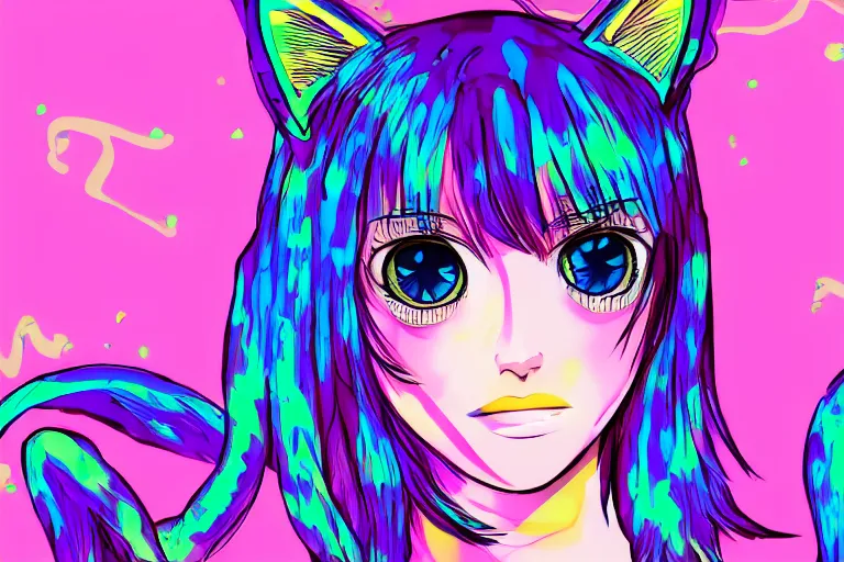Prompt: girl with cat ears, psychedelic, lsd, trending on artstation, anime style, portrait, 4 k