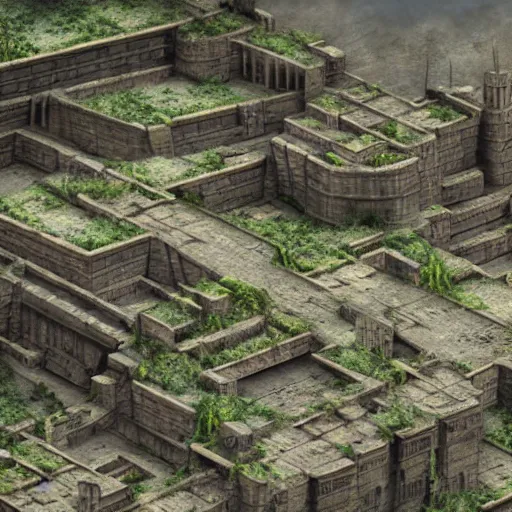 Prompt: A massive ziggurat in a post-apocalyptic medieval city, tropical jungle, 8k, photorealistic, award-winning