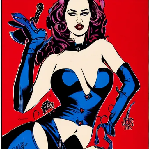 Image similar to José Luis García-López comic art, wide shot, stunning elegant female Eva Green, Indigo Magician, beautiful evil sneer, symmetrical face, symmetrical eyes, leather clothing and boots, long straight red hair, full body, Indigo occult pattern