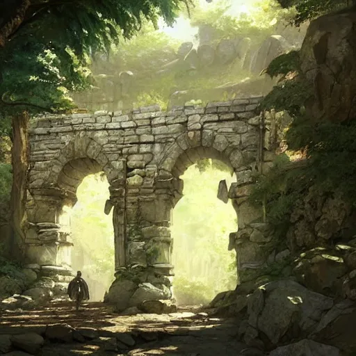 Image similar to concept art painting of an ornate ancient stone archway, in the woods, realistic, detailed, cel shaded, in the style of makoto shinkai and greg rutkowski and james gurney