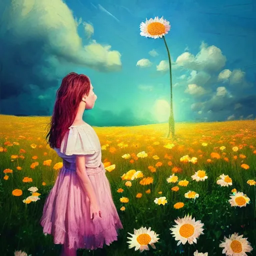 Image similar to girl with a giant daisies head, surreal photography, flower field, sunset dramatic light, impressionist painting, colorful clouds, blue sky, digital painting, artstation, simon stalenhag