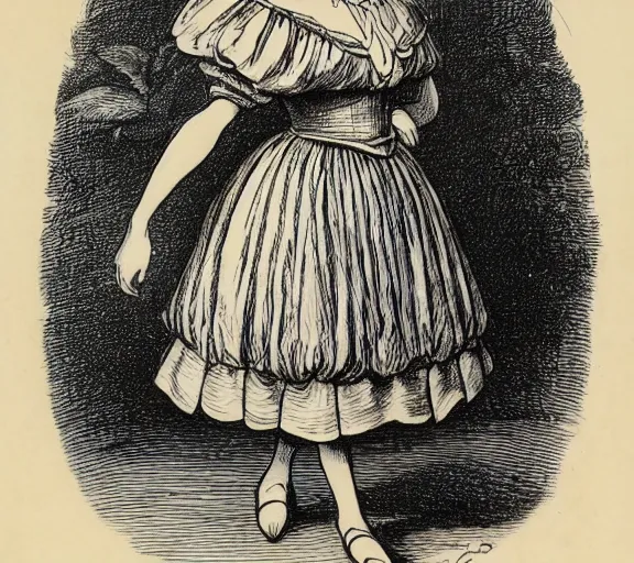 Image similar to Tenniel illustration portrait of Alice, walking in wonderland