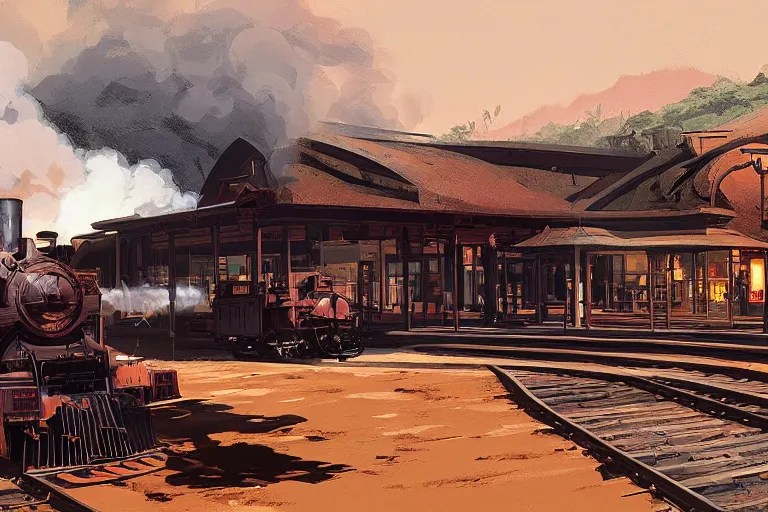 Image similar to idyllic old western train station illustration by syd mead artstation 4 k graphic novel concept art matte painting