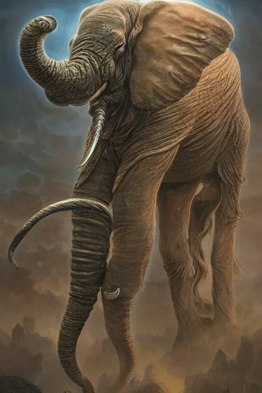 Prompt: ancient psychic tandem war elephant, concept art, by ernst haeckel, artgerm, greg rutkowski, h. r. giger and zdislaw beksinski, octane render, trending on artstation