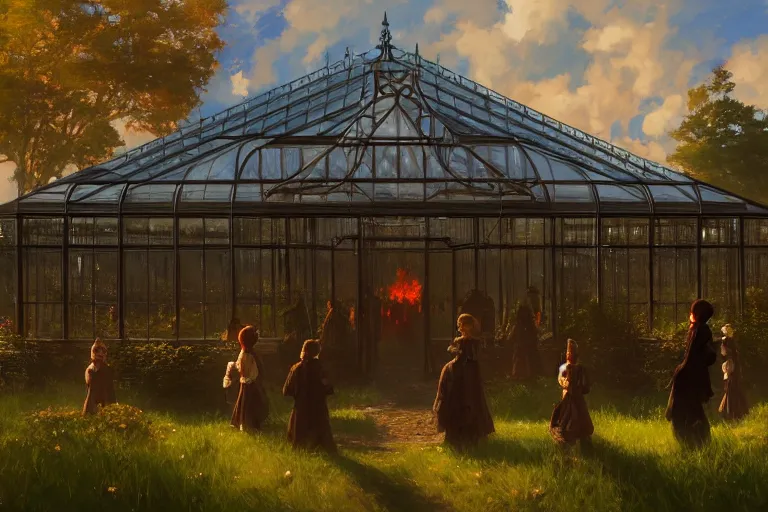 Prompt: an ornate victorian greenhouse, dark satanic ritual in front, scene in an open field. 1 8 9 0, key visual, conceptart, ambient lighting, highly detailed, digital painting, artstation, concept art, sharp focus, by makoto shinkai and akihiko yoshida and greg manchess