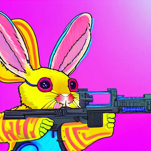 Image similar to portrait of rabbit with UV neon fur holding a machine gun , 8k, highly detailed, sharp, realistic, in style of Lisa Frank, Artstation, deviantart