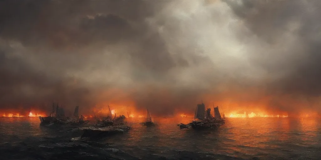 Prompt: Hyper realistic oil painting of a medieval fleet burning, dark smoke rising to the skies, stormy weather, dark clouds, fog, moody cinematic lighting, atmospheric, dark, by Greg Rutkowski, trending on artstation