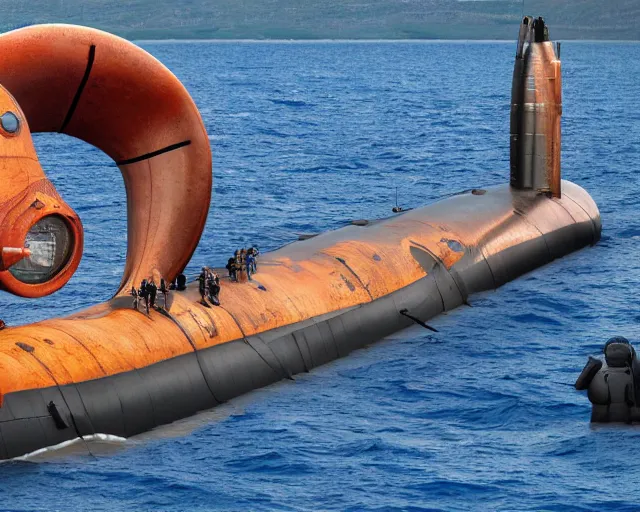 Prompt: long side view of complete jules verne submarine with portholes with a giant squid attacking it, 8k resolution