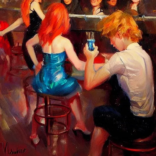 Image similar to young red heads at the night club, painting by Vladimir Volegov,