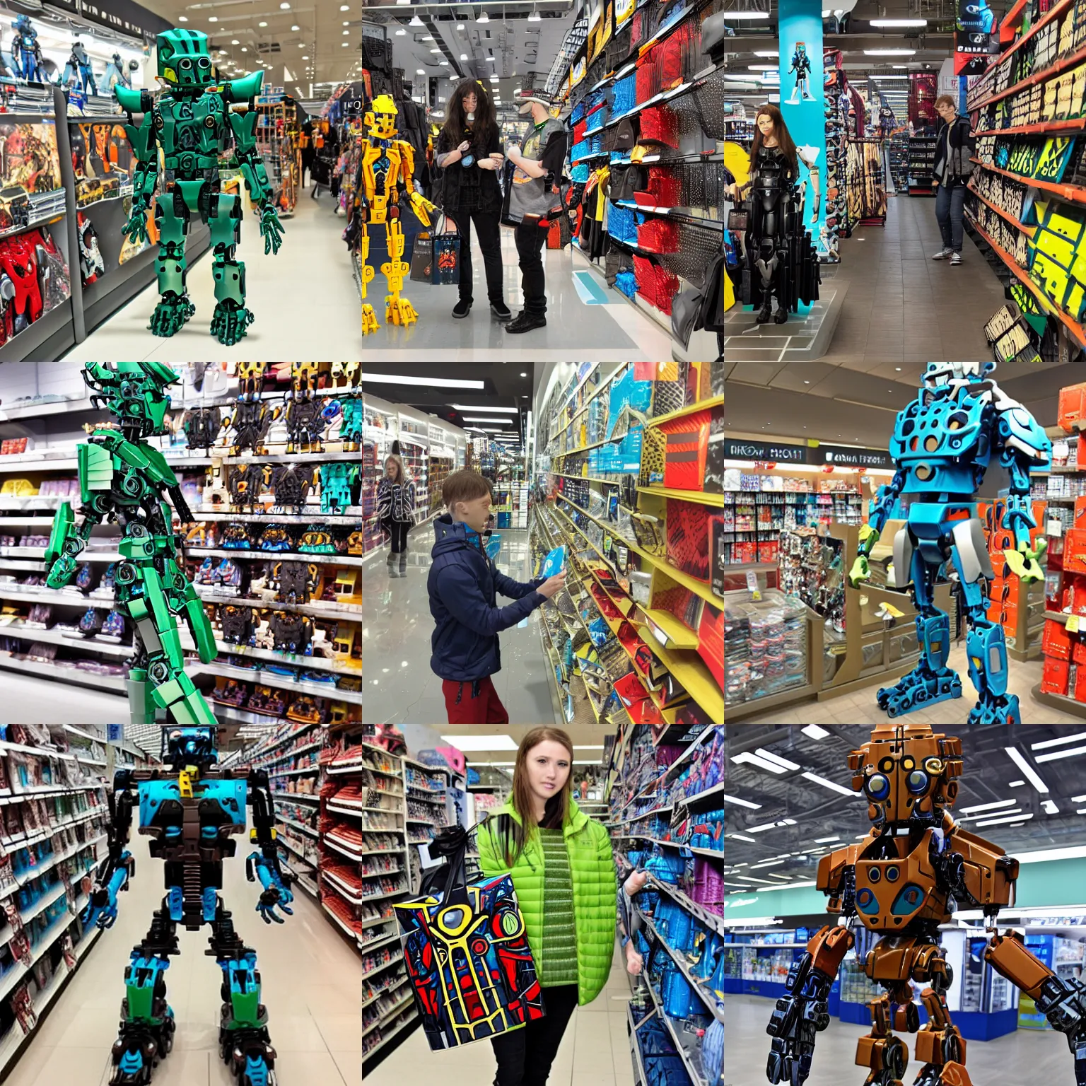 Prompt: A bionicle goes shopping at primark