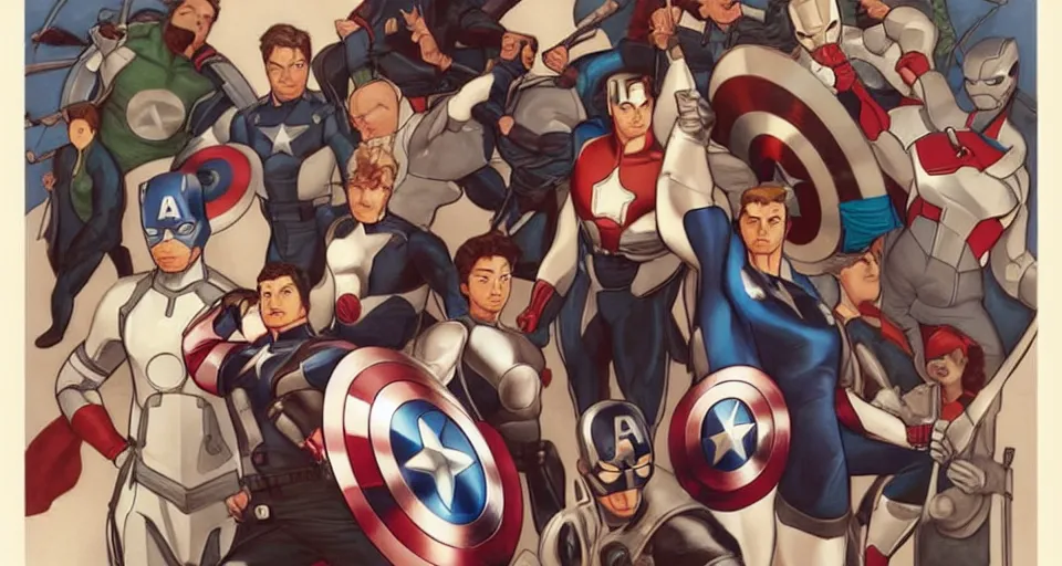 Image similar to the avengers, in the style of studio ghibli, j. c. leyendecker, greg rutkowski, artgerm