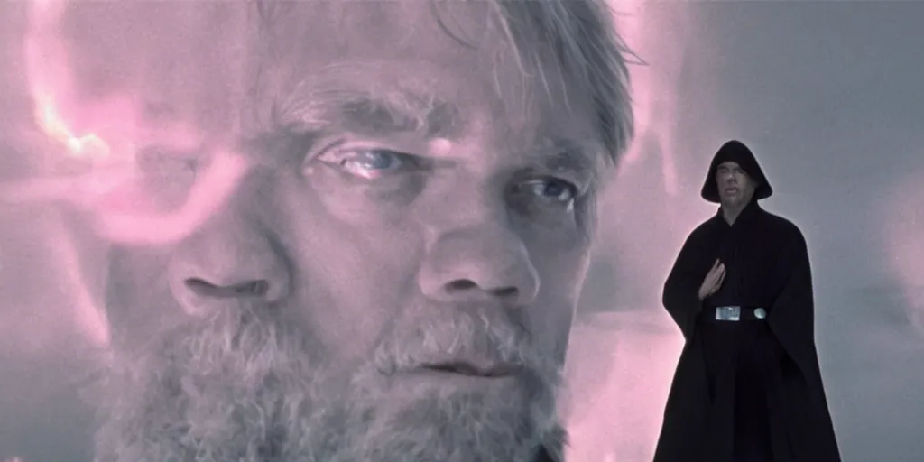 Image similar to screenshot of Luke Skywalker in dark jedi robe is lost on a surreal pink planet with black trees, minamilist 1970s sci fi film by Stanely Kubrick film, color kodak, Ektachrome, anamorphic lenses, detailed faces, hyper-realistic, photoreal, detailed portrait, moody award winning cinematography, beautiful lighting