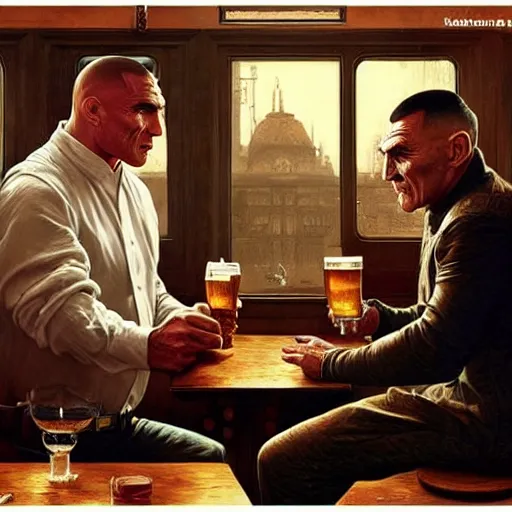 Image similar to vinnie jones and ghandi drinking beer in a pub, real life skin, intricate, elegant, highly detailed, artstation, concept art, smooth, sharp focus, art by artgerm and greg rutkowski and alphonse mucha