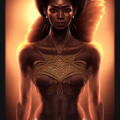 Image similar to female spirit warrior, zoom, rule of thirds, atmosphere, intricate, regal, brown skin, symmetrical!!, loreal, maybelline, sephora, loreal, artstation, art by artgerm, ( ( cinematic ) ), concept art, filmic, vsco