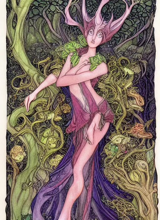 Image similar to junoesque curvaceous fey queen, vine dress, glowing forest, strong line, eerie color, beautiful! coherent! by brian froud