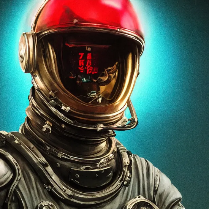 Prompt: portrait art of 8k ultra realistic retro futuristic soviet cosmonaut, helmet visor open, glow around helmet, deep space , detailed intricate ornate armour,blade runner, cybernetic, full of colour, cinematic lighting, trending on artstation, 4k, hyperrealistic, focused, extreme details,unreal engine 5, cinematic, masterpiece, art by ayami kojima, giger