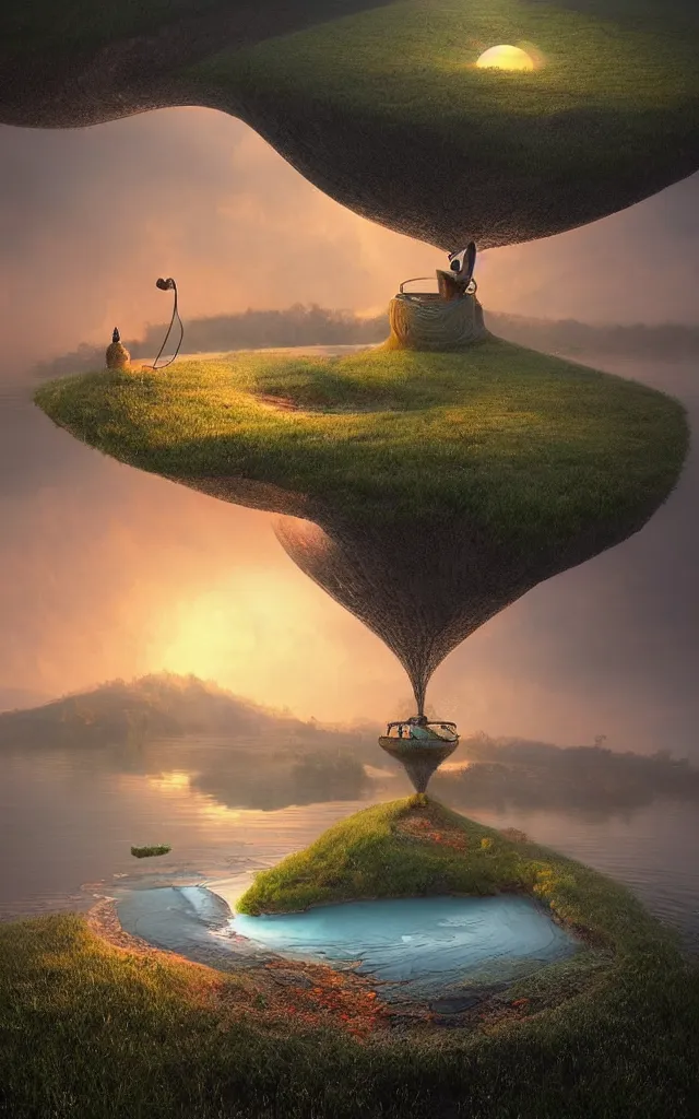 Prompt: a surreal landscape at sunset with a immense gigantic ornated iron chalice cup with a lake inside, water in excess dropping by gediminas pranckevicius