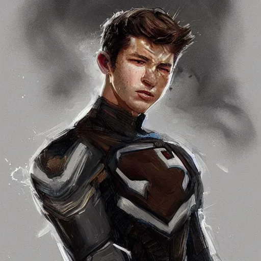 Image similar to portrait of a man by greg rutkowski, he looks like tye sheridan, he is about 2 0 years old, messy brown hair, tired eyes, he is wearing a black and white kevlar superhero suit, highly detailed portrait, digital painting, artstation, concept art, smooth, sharp foccus ilustration, artstation hq