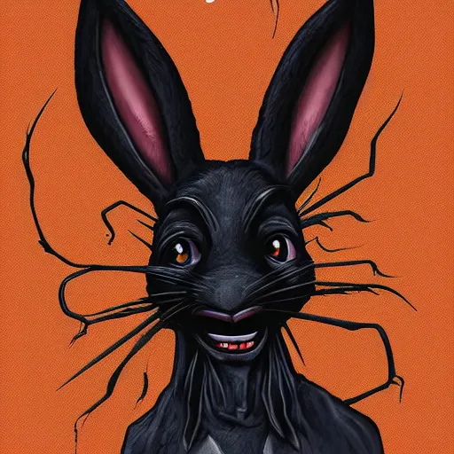 Image similar to A extremely highly detailed majestic hi-res beautiful, highly detailed head and shoulders portrait of a scary terrifying, horrifying, creepy black cartoon rabbit with scary big eyes, earing a shirt laughing, hey buddy, let's be friends, in the style of Walt Disney