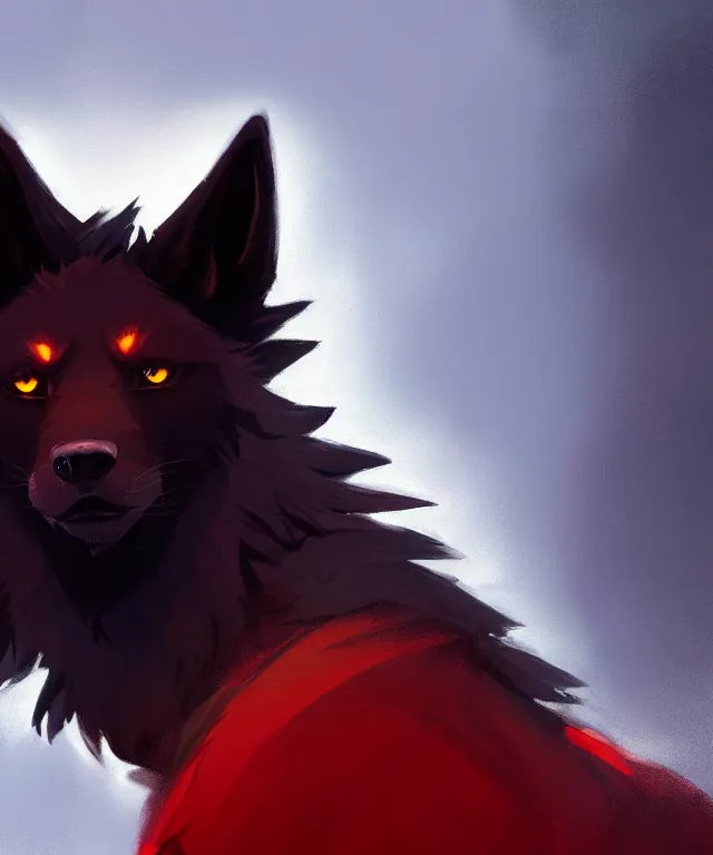 Image similar to award winning painting of a anthropomorphic black male wolf fursona long red hair | | concept art, volumetric lighting, highly detailed, photorealistic, by greg rutkowski and cory loftis trending on artstation