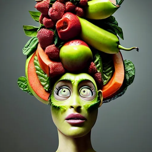 Prompt: fruit dryad megan fox editorial by malczewski and arcimboldo, vegetables dryad sculpture by arcimboldo, stil frame from'cloudy with a chance of meatballs 2'( 2 0 1 3 ) of banana dryad, fruit hybrid megan fox editorial by alexander mcqueen and arcimboldo