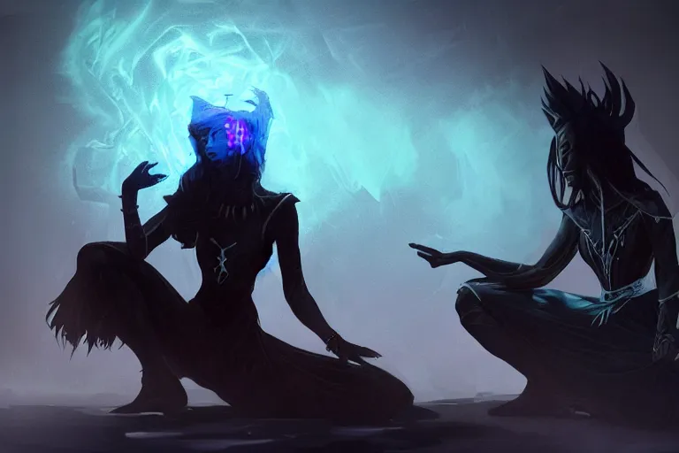 Prompt: the silhouette of the dark sorceress as she bestows her magic upon her disciple, which is kneeling in front of her, concept art, trending on artstation HD, glowing magic,