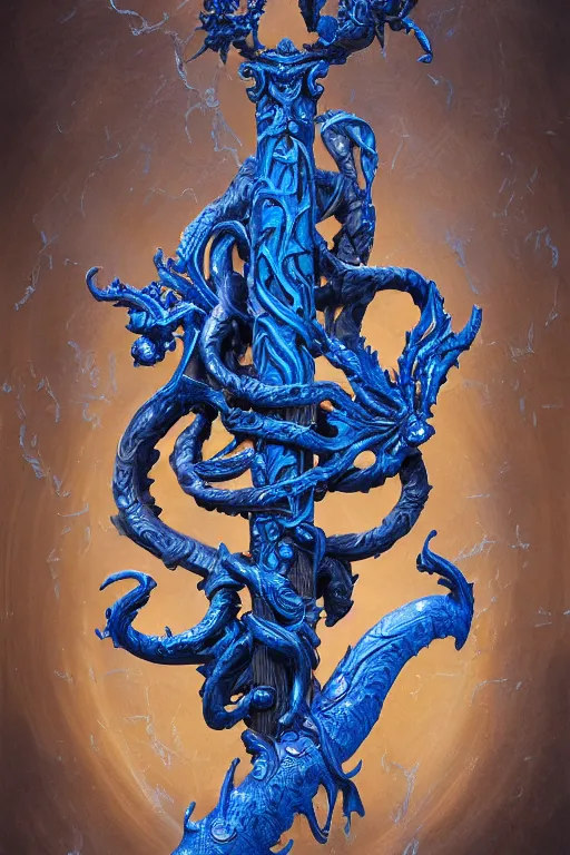 Image similar to an ornate and royal twisted ornate carved wooden wizards staff weapon with a radiant blue crystal on top, hovering, hyper realism, realistic shading, cinematic composition, blender render, hdr, detailed textures, photorealistic, 3 5 mm film, fantasy greg rutkowski digital painting, giger