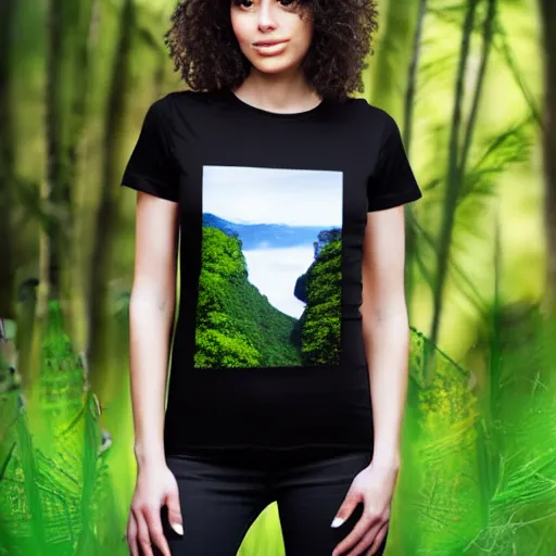 Image similar to clear photorealistic mockup product photograph of a blank black tshirt on an attractive female model in front of a nature background - h 7 0 4