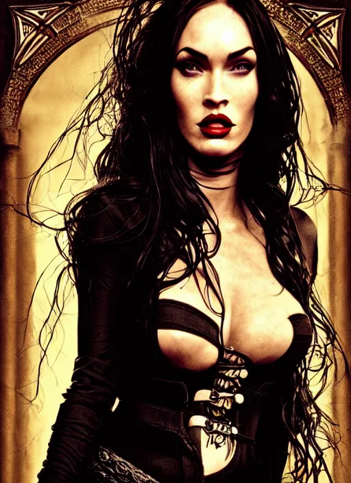 Image similar to megan fox witch queen, black eyes, blood, full body, intricate victorian dress, middle shot, cinematic lighting, symmetrical eyes, caravaggio, artgerm, joshua middleton, rafael albuquerque, moody lighting, candles