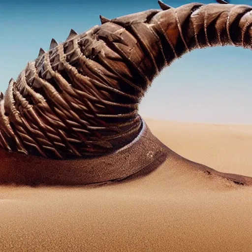 Prompt: gigantic sandworm busting out of the sand, realistic movie still, 4 k, sand is flying around