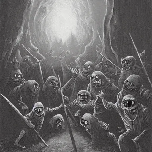 Prompt: the undead minions of the evil king pursue the ghost into the cave