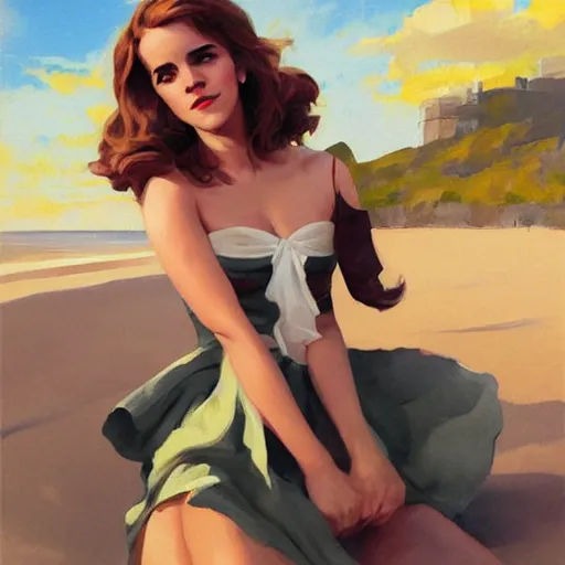 Image similar to pinup art of emma watson as hermione granger in a beach, artwork by greg manchess, medium shot, asymmetrical, organic painting, sunny day, matte painting, bold shapes, hard edges, street art, trending on artstation, by huang guangjian and gil elvgren and sachin teng 1 9 5 6