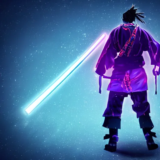 Prompt: samurai on his knees sacrificing with a cosmic sword, blue and purple neon cubes coming out his back, cyberpunk style, samurai silhouette, rainy night, high quality, high detail, 4K, UHD