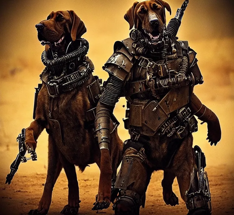 Image similar to a good ol'bloodhound pup fursona ( from the furry fandom ), heavily armed and armored facing down armageddon in a dark and gritty version from the makers of mad max : fury road. witness me.