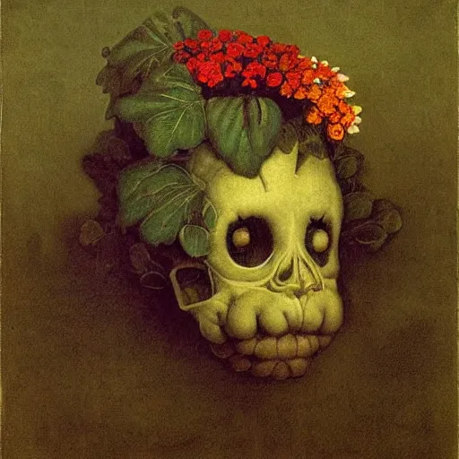 Prompt: a severed head with flowers and plants growing, by Odd Nerdrum, by Francisco Goya, by M.C. Escher, beautiful, eerie, surreal, colorful