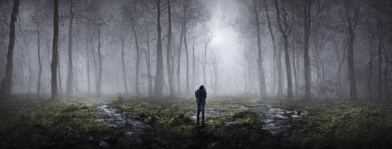 Image similar to portrait of man's terrified face, in the night in a wet forest, hiding from menacing alien intruder, moonlight, horror atmosphere, postapo, dystopia style, heavy rain, reflections, high detail, horror dramatic moment, motion blur, dense ground fog, dark atmosphere, saturated colors, by darek zabrocki, render in unreal engine - h 7 0 4