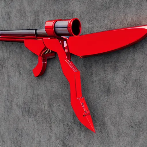Prompt: A red futuristic scythe that is also a gun
