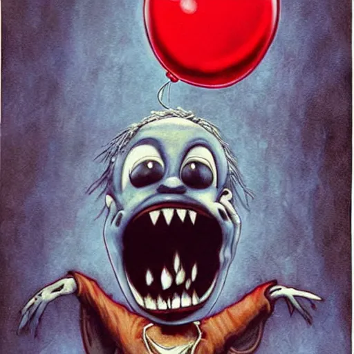 Image similar to grunge cartoon painting of kanye with a wide smile and a red balloon by chris leib, loony toons style, pennywise style, corpse bride style, horror theme, detailed, elegant, intricate