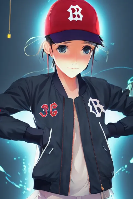 Prompt: a beautiful young woman wearing a baseball hat and bomber jacket, standing next to a giant japanese mecha, anime graphic illustration, aesthetic, gorgeous, stunning, soft lighting, sharp focus, trending on artstation, digital art.