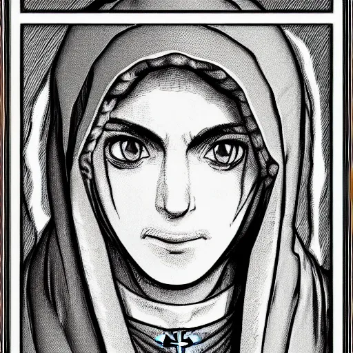 Prompt: portrait of Daniel Trejo as church nun, intricate, highly detailed, artstation, manga illustration by Kentaro Miura