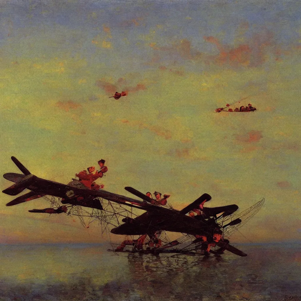 Image similar to two zepplins in the twilight, 1915, highly detailed colourful oil on canvas, by Ilya Repin