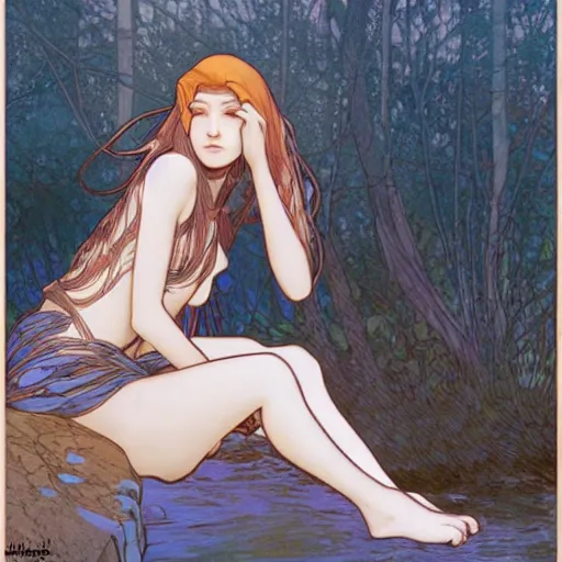 Image similar to A girl with long hair sitting by the river at night ,flowing hair by mucha and Krenz Cushart ,gloomy,geometric shapes, hard edges,blue theme ,-H768