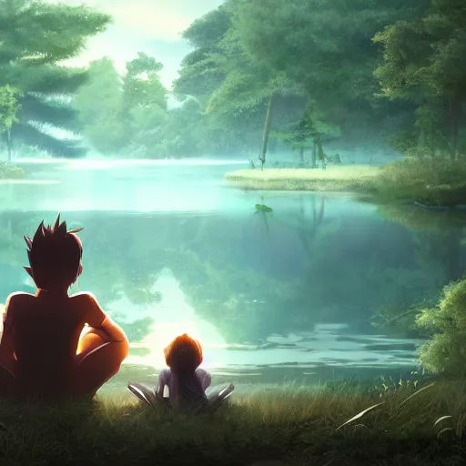 Image similar to a silver dragon and a boy sitting together next to a lake watching firefly at night in forest, concept art, dof, cryengine, digital art, detailed background, makoto shinkai