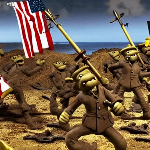 Prompt: battle of iwo jima, screengrab from wallace and gromit claymation