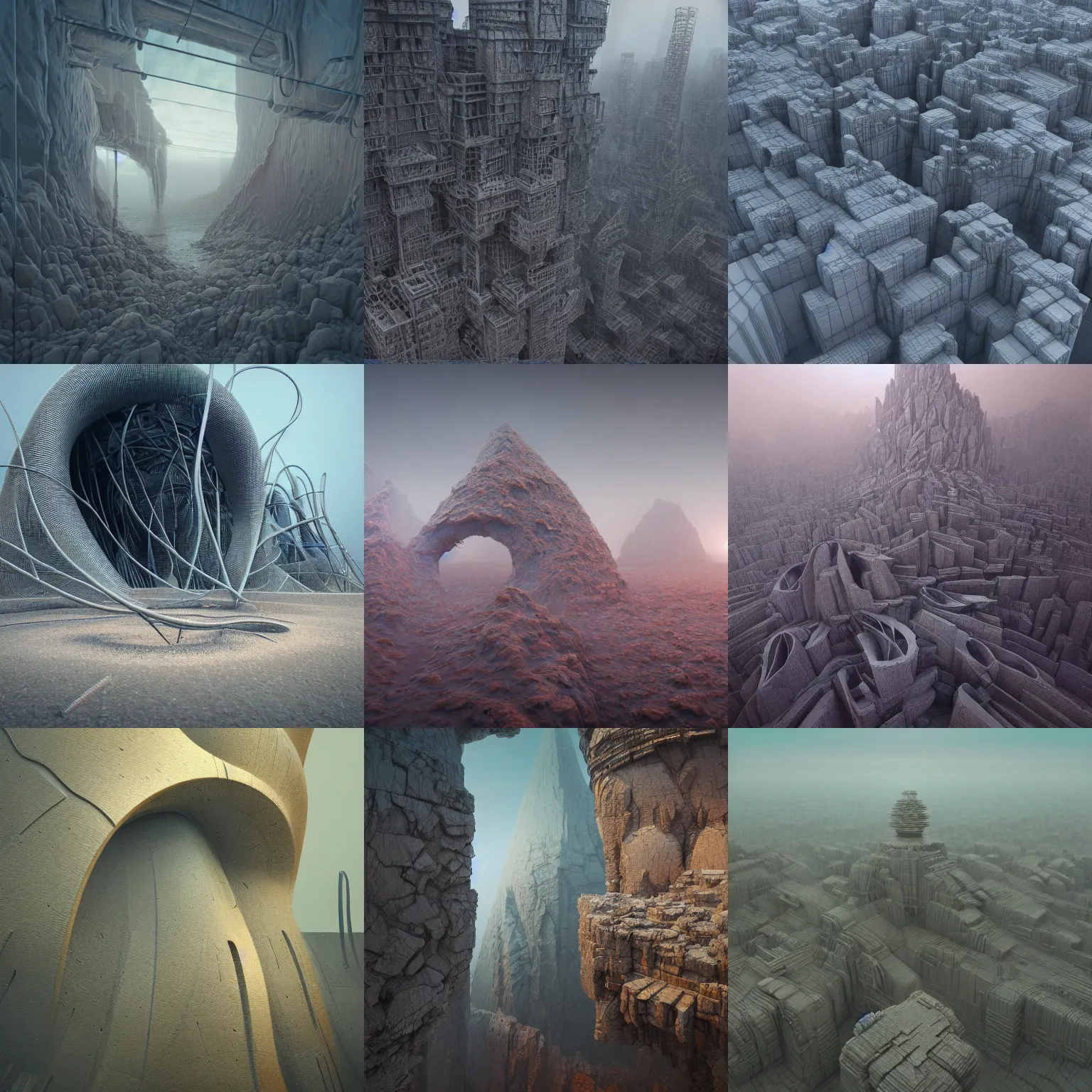 Image similar to 3D photorealistic render of abstract structures, octane render, 4k, unreal 5, highly detailed, wide angle, intricate complexity, sharp focus, Trending on Artstation, Art by Beksinski and Moebius