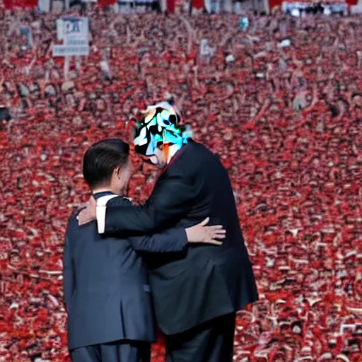 Prompt: trump hugging xi jinping on stage in front of crowd