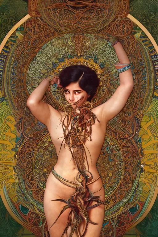 Image similar to an immaculate render of a dancing tribal goddess adorned with leaves and cables and bird wings, dancing in a temple surrounded by wild tentacles made from mandalas and incense smoke, full body, perfect face, powerful, cinematic, beautifully lit, by artgerm, by alphonse mucha, by karol bak, 3 d, trending on artstation, octane render, 8 k