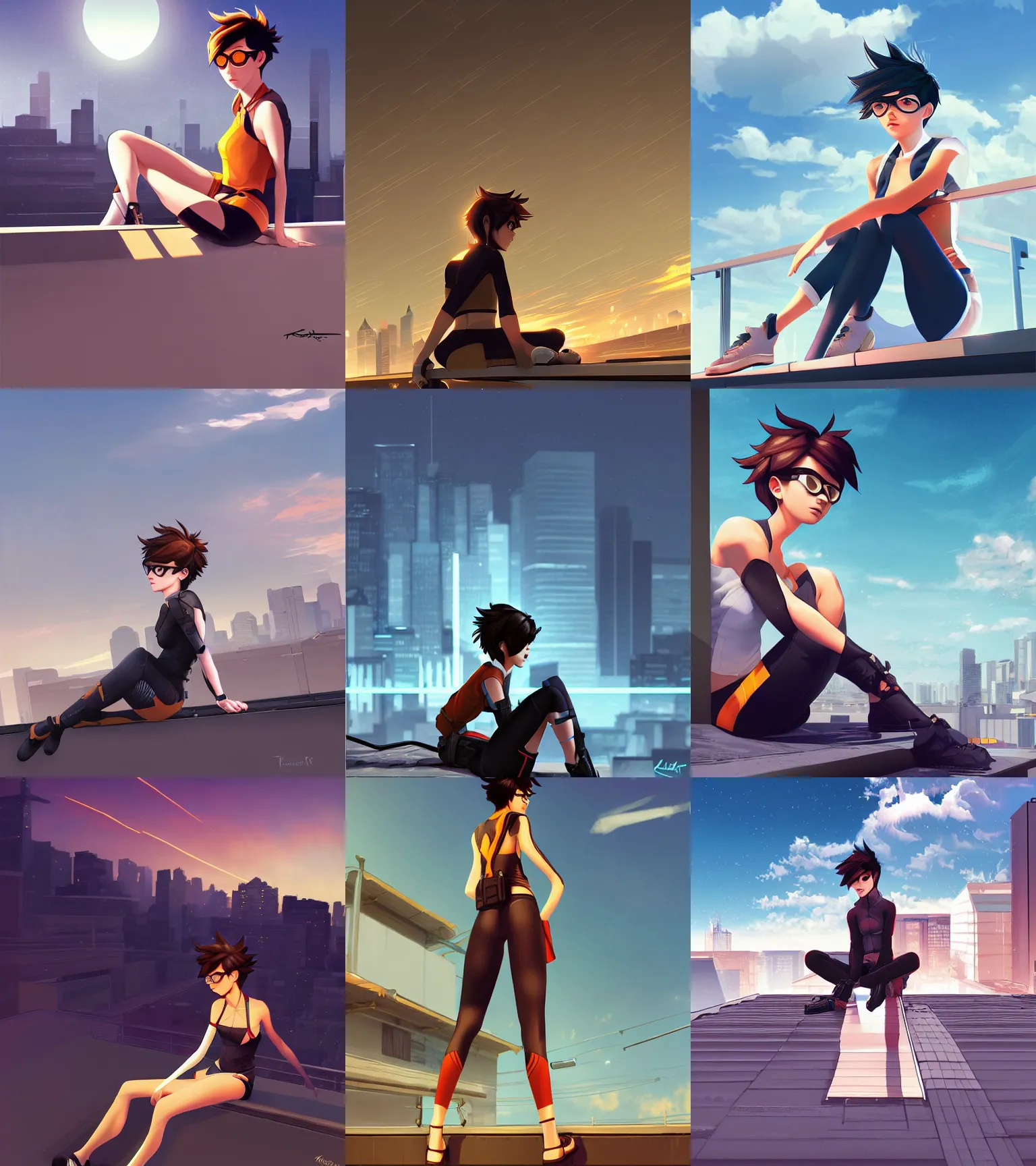 Prompt: Tracer, sitting on the edge of a roof, skyline background digital art by Ilya Kuvshinov