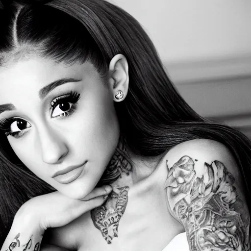 Image similar to ariana grande recursive photo beautiful ariana grande photo bw photography 130mm lens. ariana grande backstage photograph posing for magazine cover. award winning promotional photo. !!!!!COVERED IN TATTOOS!!!!! TATTED ARIANA GRANDE NECK TATTOOS. Zoomed out full body photography. Dramatic pose, reclining